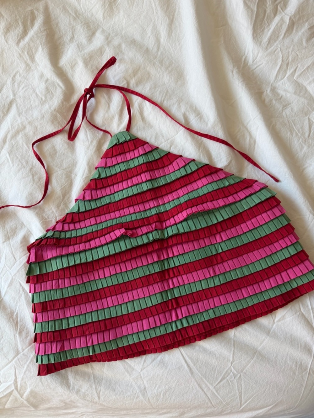 Sezane Pink, Red & Green Striped Ruffle Crop Top
